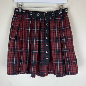 Hot Topic Social Collision Maroon Tartan Plaid Pleated Skirt Grommet Belt Medium